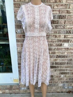 Vintage 90s Coquette Off White Lace Fit & Flare Sheer Dress